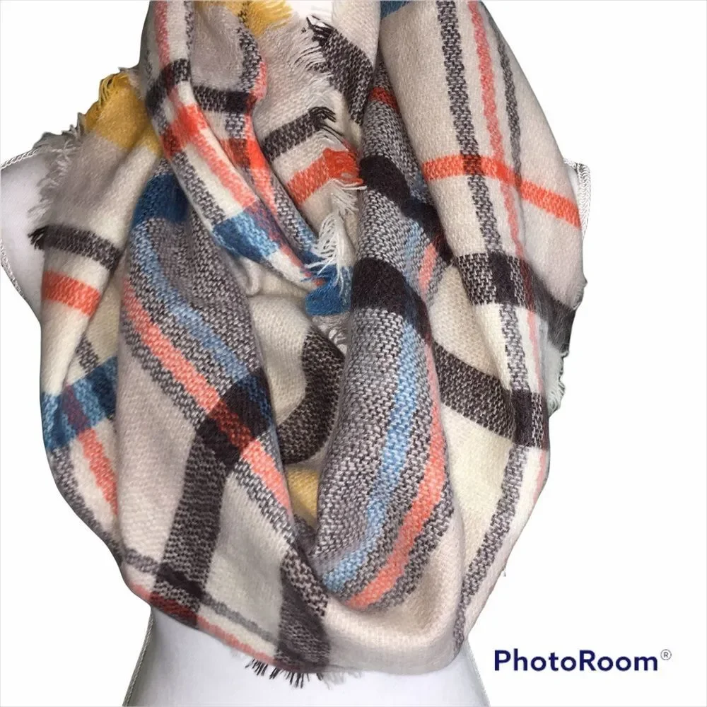 Plaid Wide Infinity Scarf Fall Colors Brown Orange Mustard Yellow Blanket